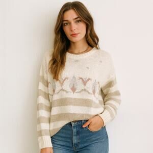 Vintage 1980s Beldoch Popper Cream Ivory Striped Acrylic Embellished Sweater M